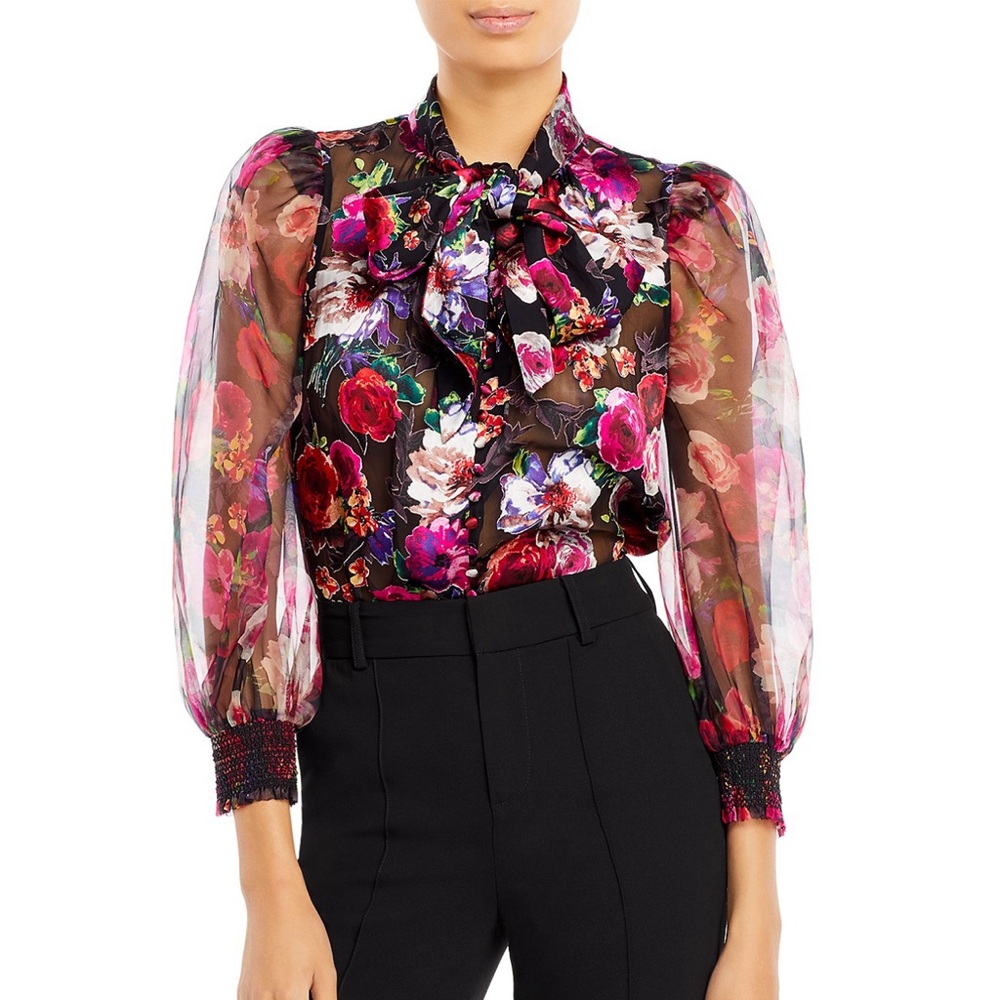 Alice + Olivia Brentley Floral Tie Neck Blouse COLOR Midnight Rose